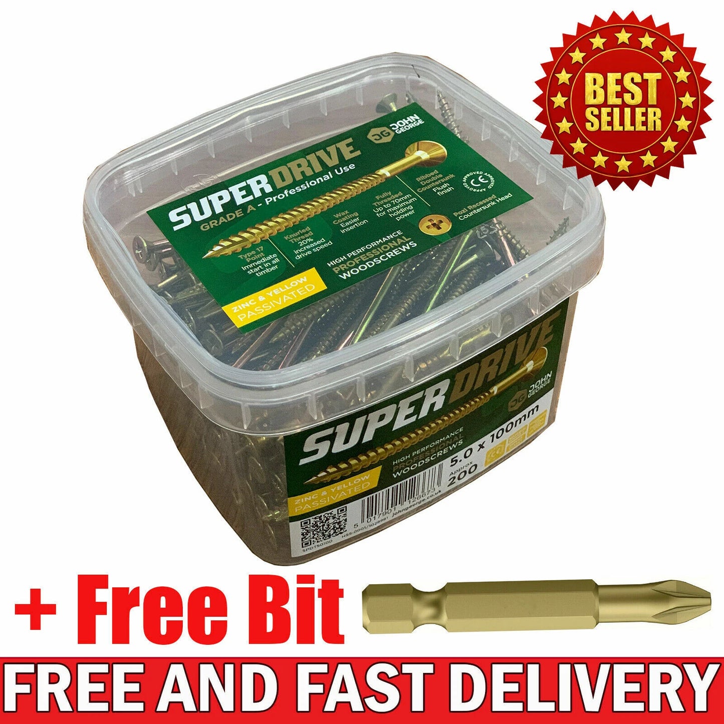 Super Drive Screw Tub 5.0x100mm Free Bit Professional Wood Screws 5.0x80mm
