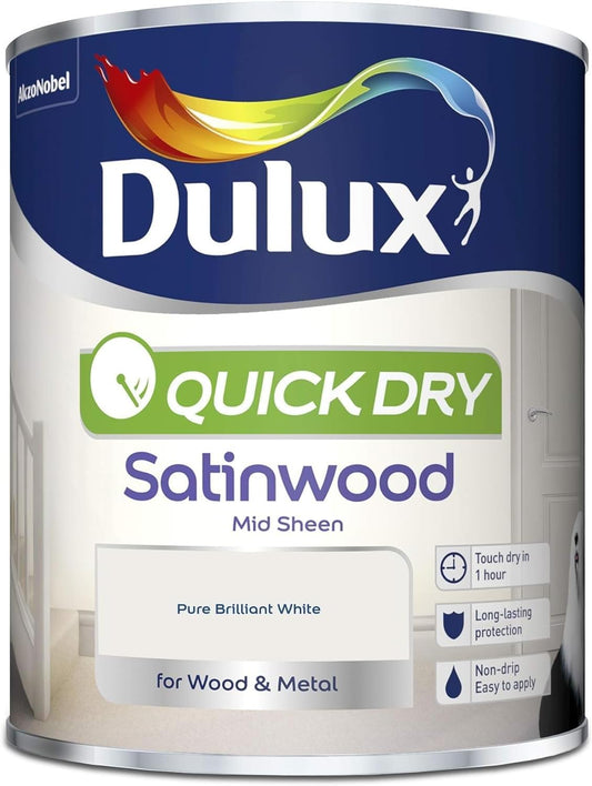 AMK® Dulux Quick Dry Satinwood Paint 750ml Pure Brilliant White Water Based Interior Wood Metal Finish Low Odour Non Yellowing Durable Wipeable Mid Sheen Trim Skirting Doors Frames