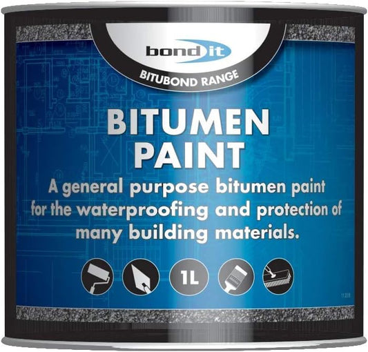 Bond-It Bitumen Paint - 1 litre - Solvent-bourne bituminous black paint for waterproofing & weatherproofing steelwork, concrete, wood, asphalt & portable water tanks