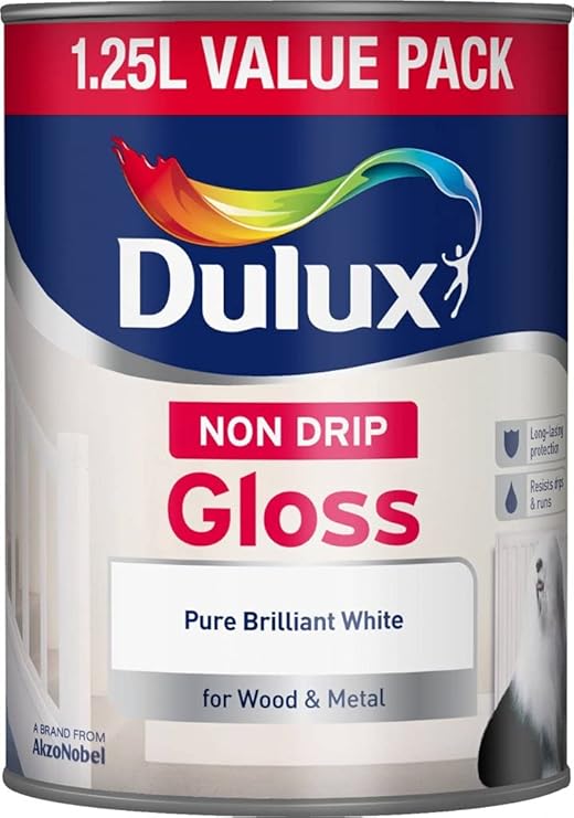 Dulux Non Drip Gloss Paint 1.25L Pure Brilliant White Interior Wood Metal Finish Easy Application Less Mess High Sheen Durable Wipeable Trim Skirting Doors Frames Solvent Based