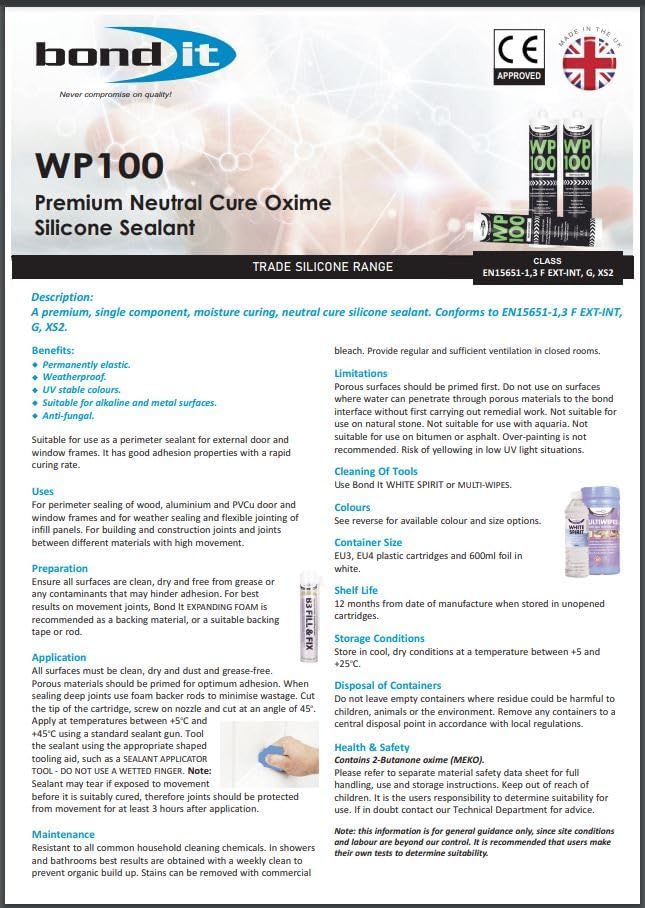 Bond IT WP100 Silicone Sealant Seal Rapid Cure Mastic External Door Windows White 300ml Bath Shower Basin Window Frames Quick Drying (Translucent)