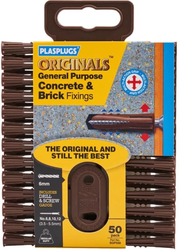 General Purpose Originals Concrete & Brick Wall Plugs Fixings 6mm Brown Plasplug
