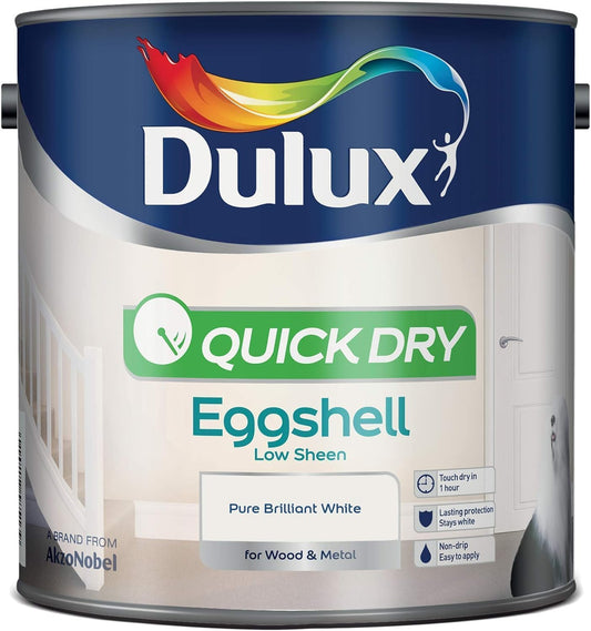 AMK® Dulux Quick Dry Eggshell Paint 750ml Pure Brilliant White Water Based Interior Wood Metal Finish Low Odour Non Yellowing Durable Wipeable Subtle Sheen Trim Skirting Doors