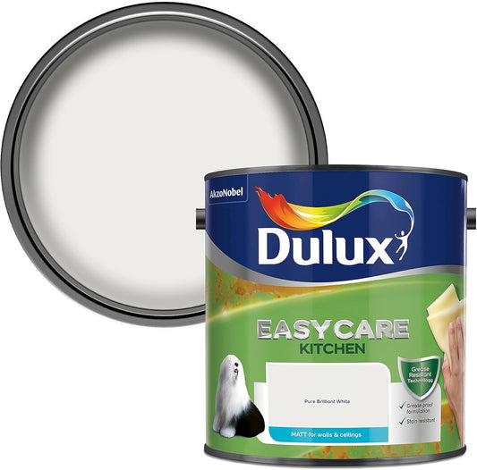 AMK® Dulux Easycare Kitchen Matt Paint 2.5L Pure Brilliant White Wall Ceiling Washable Cleanable Dirtproof Quick Dry No Sag