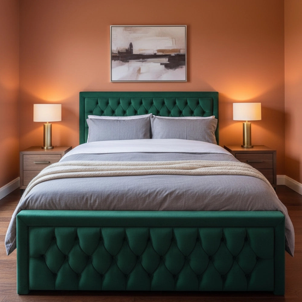 Heaven Green bed Uphulstored Chesterfield Bed front view