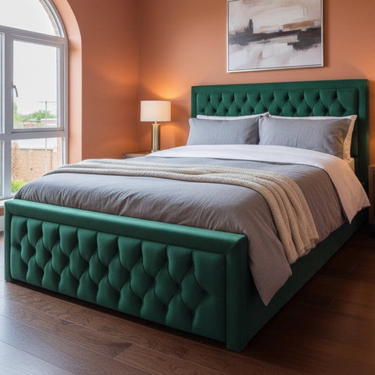 Heaven Green bed Uphulstored Chesterfield Bed side view closeup