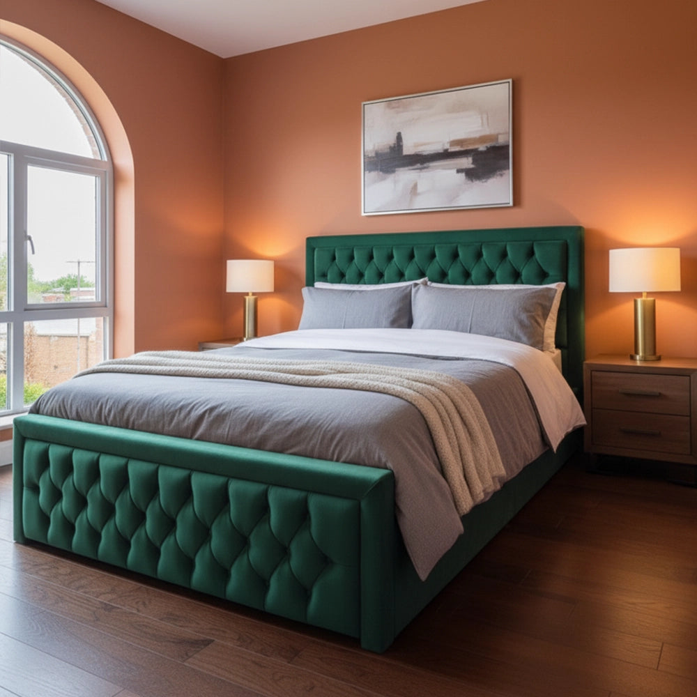 Heaven Green bed Upholstered Chesterfield Bed side view closeup