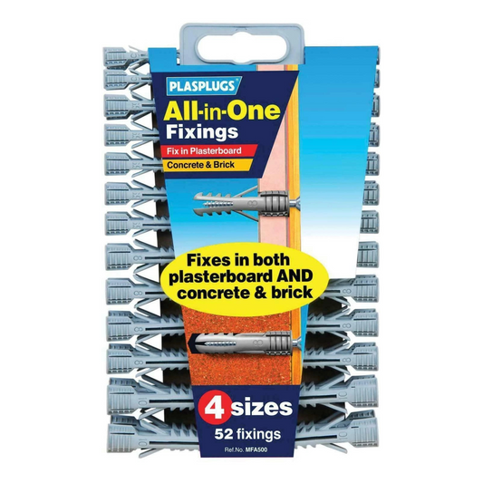 Plasplug All In One Plasterboard Concrete & Brick Fixings Quantity 52 In 4 Sizes