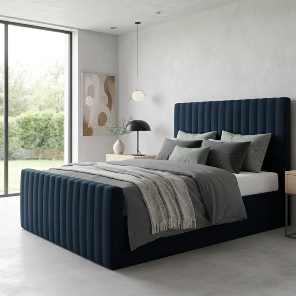 blue bed and mattress narrow line
