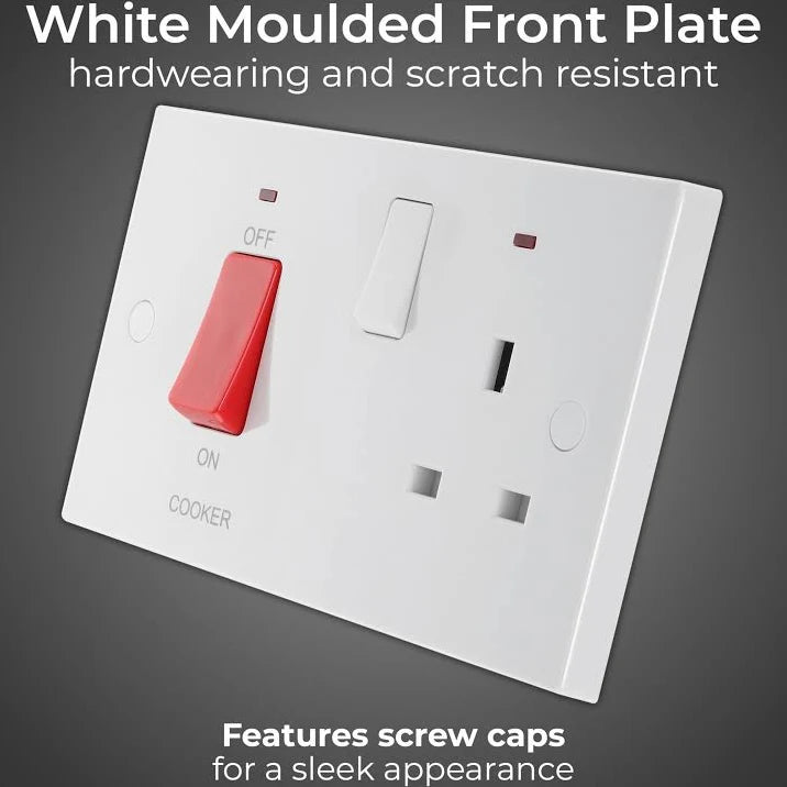 Cooker control Socket, with LED Power Indicators white moulded - Square Edge